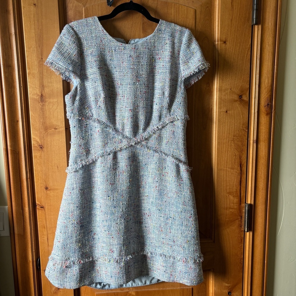 Eliza J Tweed Fringe Textured Cap Sleeve Sheath Dress in Blue 👗 Size 12